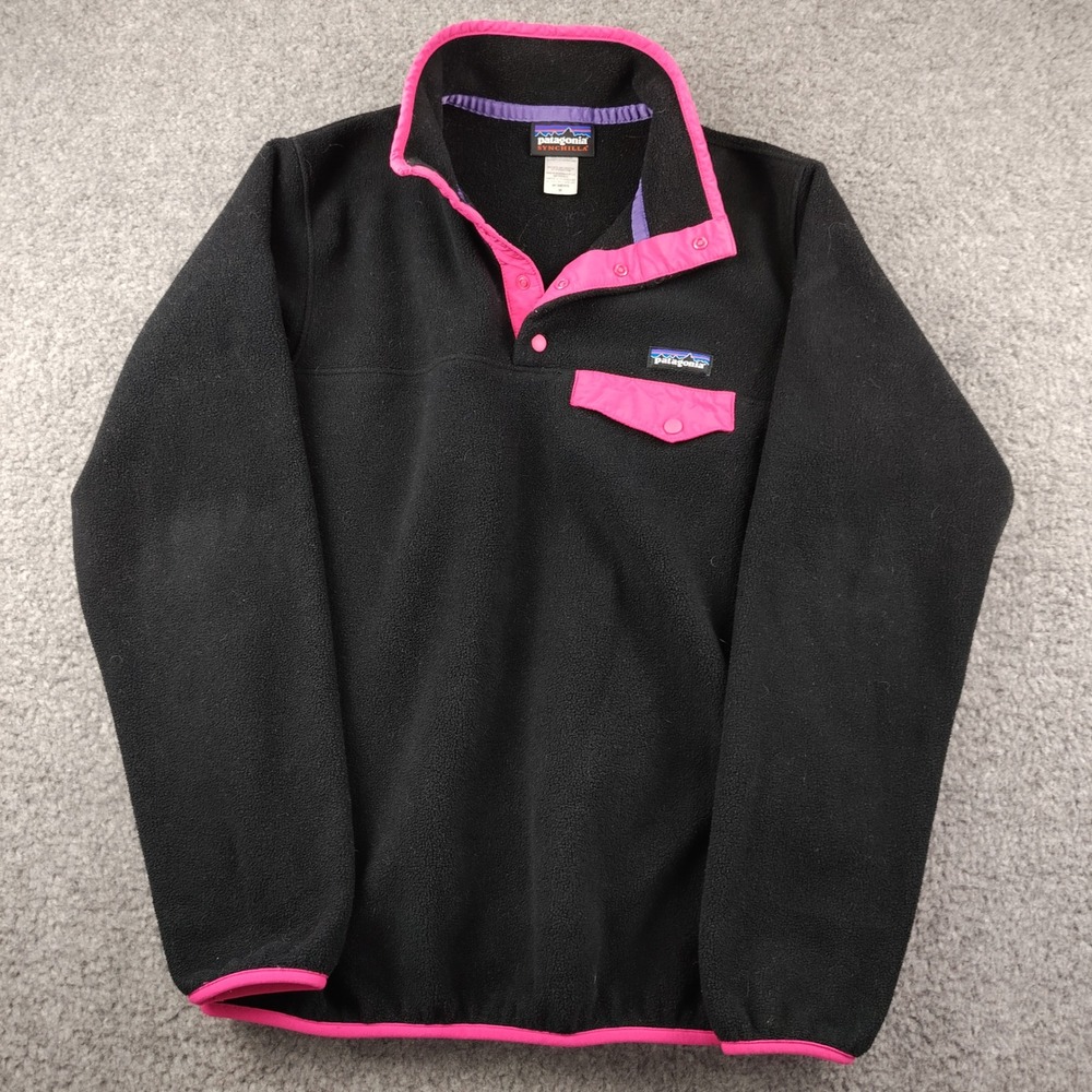 Patagonia Fleece Jacket Womens Sz Medium Synchilla Snap-T Black Pink Trim EUC
